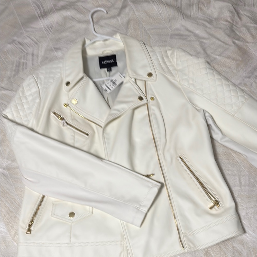 Express White Leather Moto Jacket Gold Accents
